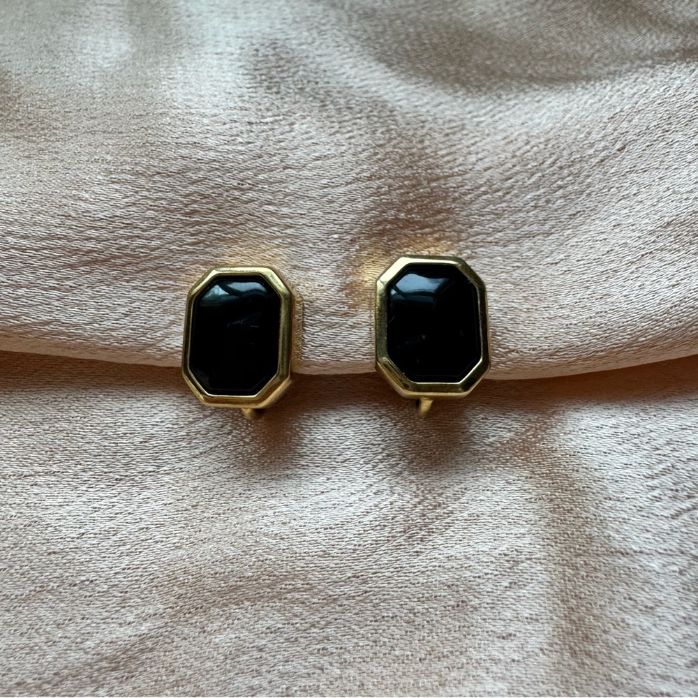 Vtg Dior Gold Frame Black Onyx Octagon Clip-On Earrings